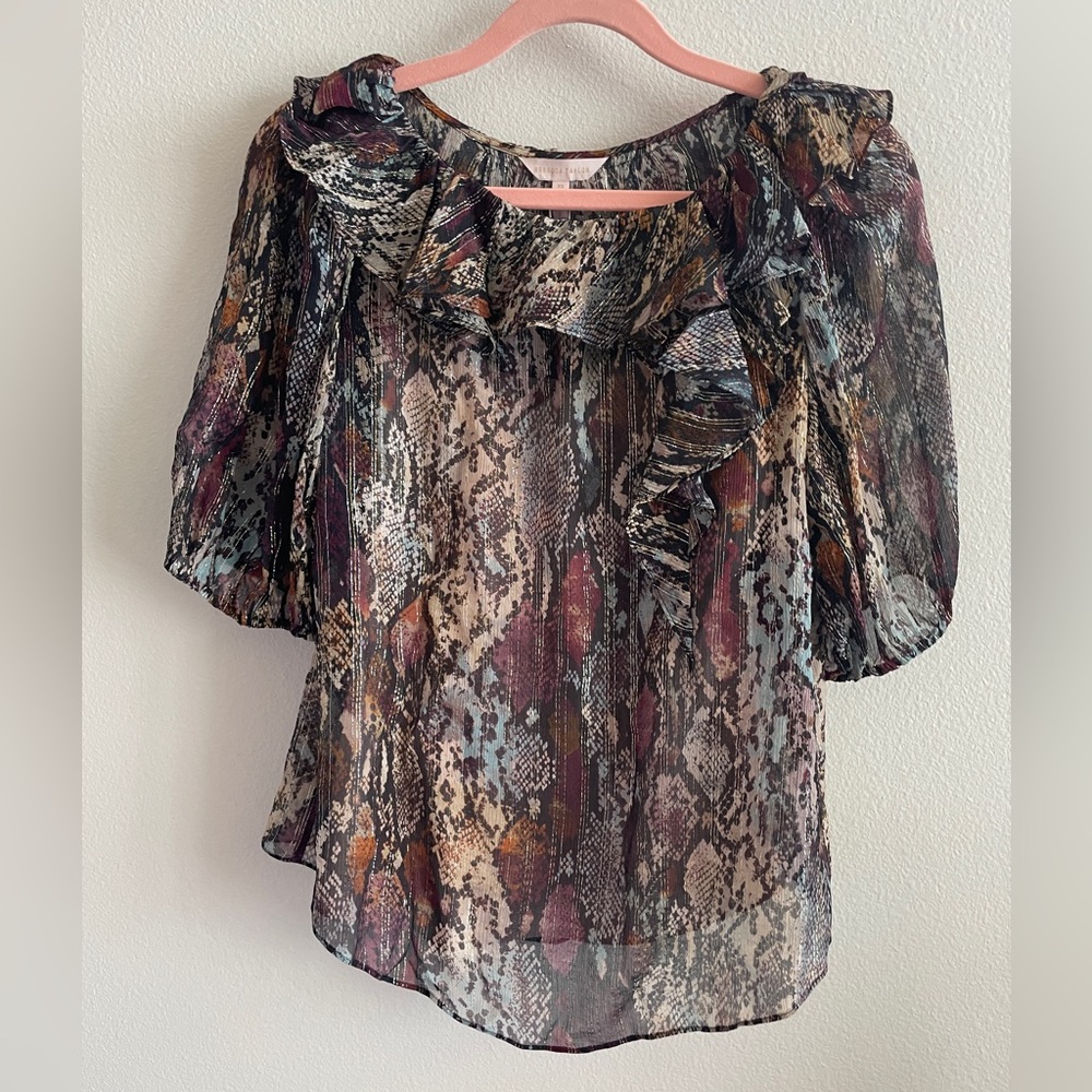 NWT Rebecca Taylor Watercolor Snake Print Elbow Sleeve Ruffle Hammered Silk Top